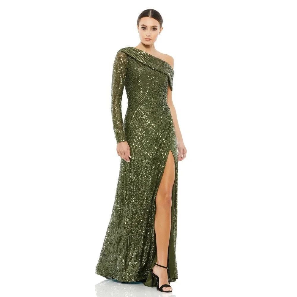 MAC DUGGAL 26571 One Shoulder Long Sleeve Thigh High Slit Sequin Gown 12 OLIVE